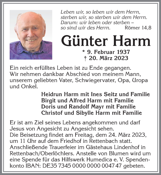 Traueranzeige von Günter Harm von Allgäuer Zeitung, Marktoberdorf