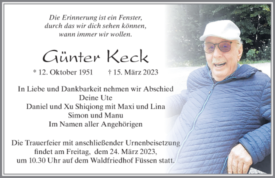 Traueranzeige von Günter Keck von Allgäuer Zeitung, Füssen