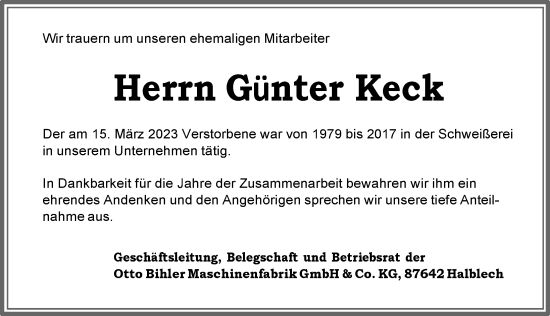 Traueranzeige von Günter Keck von Allgäuer Zeitung, Füssen