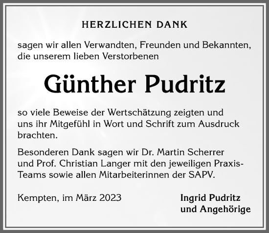 Traueranzeige von Günther Pudritz von Allgäuer Zeitung,Kempten