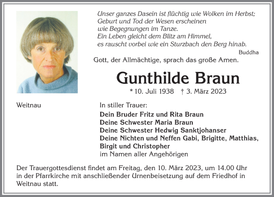 Traueranzeige von Gunthilde Braun von Allgäuer Zeitung,Kempten