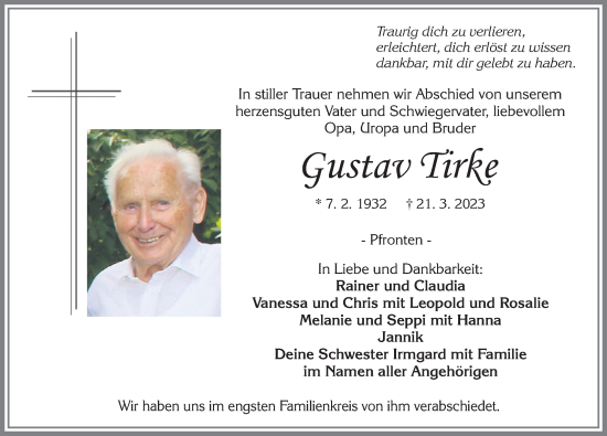 Traueranzeige von Gustav Tirke von Allgäuer Zeitung, Füssen