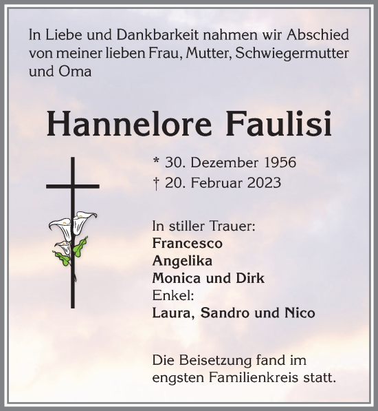 Traueranzeige von Hannelore Faulisi von Allgäuer Zeitung,Kempten