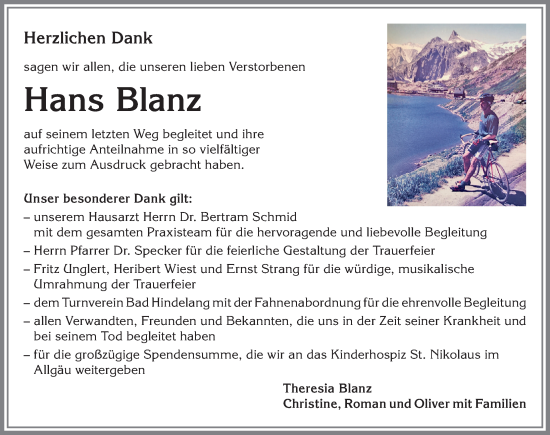Traueranzeige von Hans Blanz von Allgäuer Anzeigeblatt