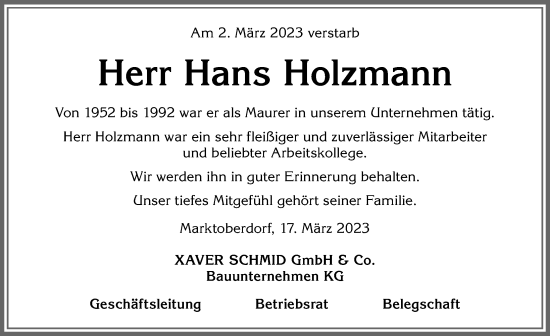 Traueranzeige von Hans Holzmann von Allgäuer Zeitung, Marktoberdorf