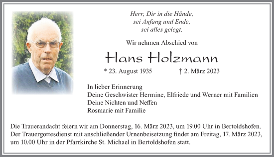 Traueranzeige von Hans Holzmann von Allgäuer Zeitung, Marktoberdorf