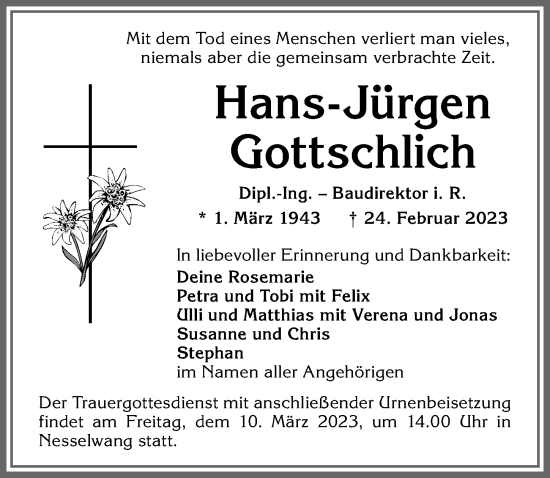 Traueranzeige von Hans-Jürgen Gottschlich von Allgäuer Anzeigeblatt