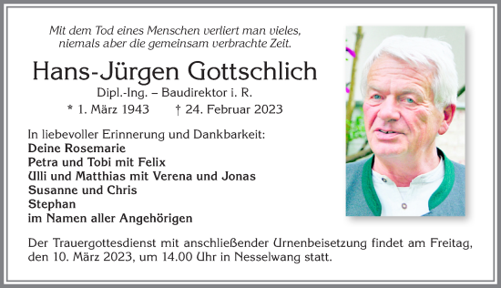 Traueranzeige von Hans-Jürgen Gottschlich von Allgäuer Zeitung, Füssen