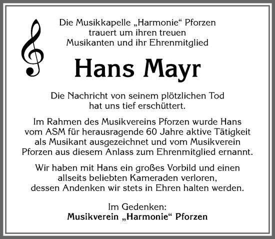 Traueranzeige von Hans Mayr von Allgäuer Zeitung, Kaufbeuren/Buchloe