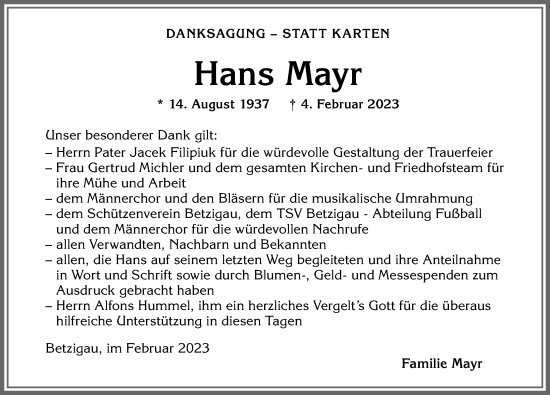 Traueranzeige von Hans Mayr von Allgäuer Zeitung,Kempten