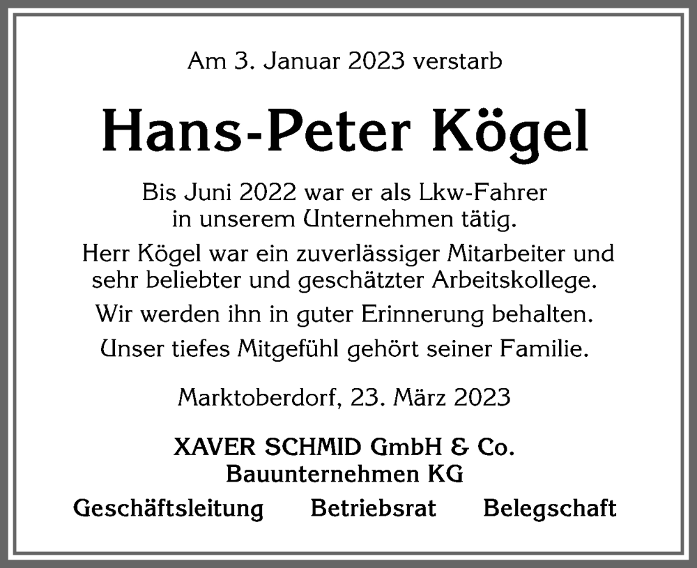  Traueranzeige für Hans-Peter Kögel vom 23.03.2023 aus Allgäuer Zeitung, Marktoberdorf