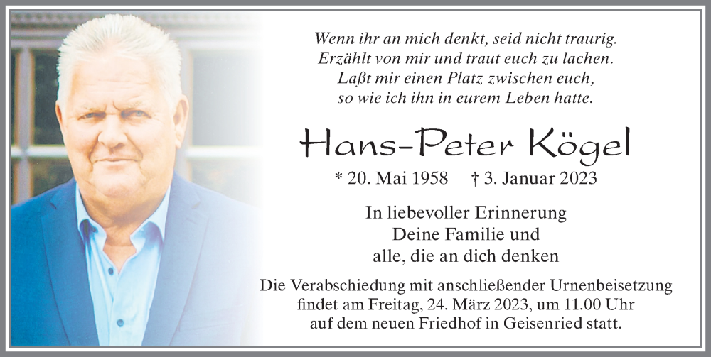  Traueranzeige für Hans-Peter Kögel vom 22.03.2023 aus Allgäuer Zeitung, Marktoberdorf