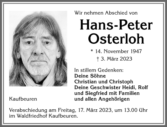 Traueranzeige von Hans-Peter Osterloh von Allgäuer Zeitung, Kaufbeuren/Buchloe