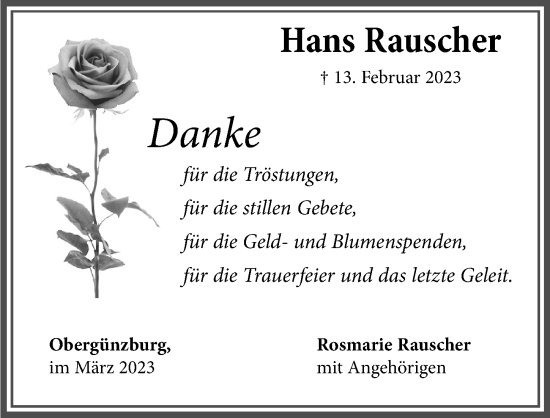 Traueranzeige von Hans Rauscher von Allgäuer Zeitung, Marktoberdorf