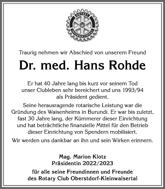 Traueranzeige von Hans Rohde von Allgäuer Anzeigeblatt