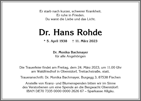 Traueranzeige von Hans Rohde von Allgäuer Anzeigeblatt