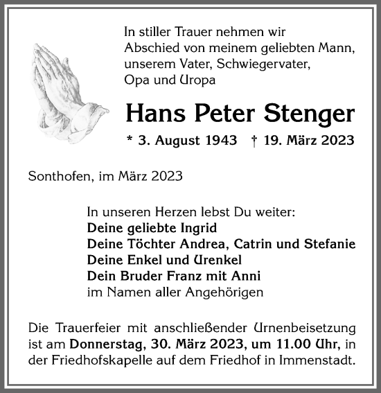 Traueranzeige von Hans Peter Stenger von Allgäuer Anzeigeblatt