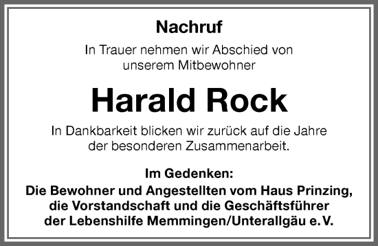 Traueranzeige von Harald Rock von Memminger Zeitung