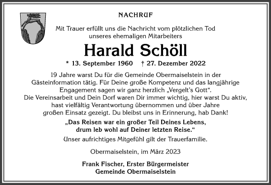 Traueranzeige von Harald Schöll von Allgäuer Anzeigeblatt