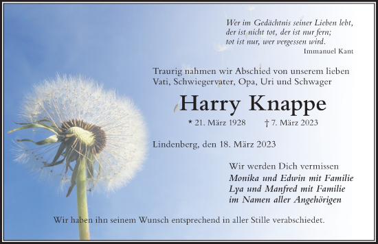Traueranzeige von Harry Knappe von Der Westallgäuer