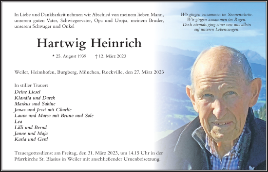 Traueranzeige von Hartwig Heinrich von Der Westallgäuer