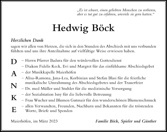 Traueranzeige von Hedwig Böck von Der Westallgäuer