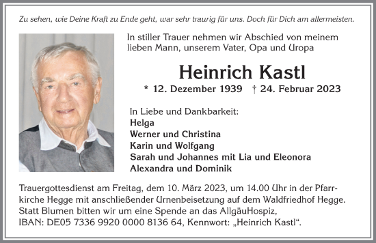 Traueranzeige von Heinrich Kastl von Allgäuer Zeitung,Kempten