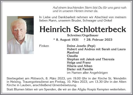 Traueranzeige von Heinrich Schlotterbeck von Allgäuer Zeitung, Kaufbeuren/Buchloe