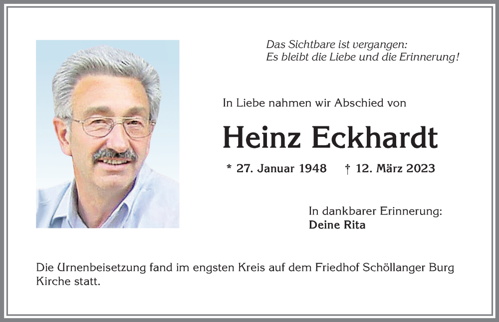  Traueranzeige für Heinz Eckhardt vom 22.03.2023 aus Allgäuer Anzeigeblatt