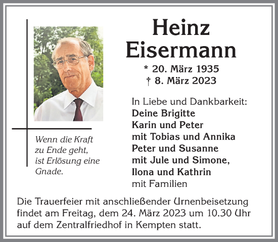 Traueranzeige von Heinz Eisermann von Allgäuer Zeitung,Kempten