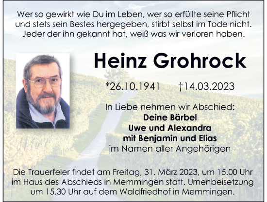 Traueranzeige von Heinz Grohrock von Memminger Zeitung