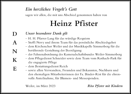 Traueranzeige von Heinz Pfister von Der Westallgäuer