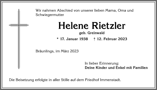 Traueranzeige von Helene Rietzler von Allgäuer Anzeigeblatt