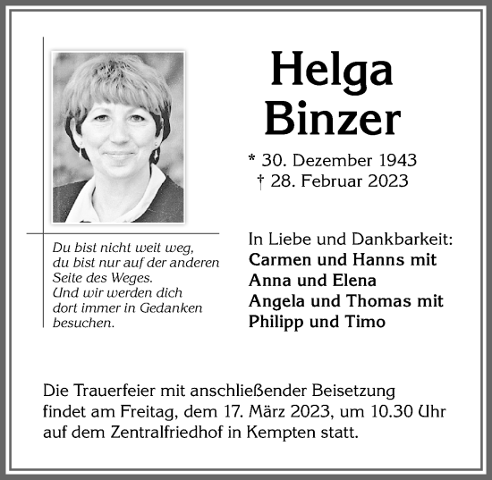 Traueranzeige von Helga Binzer von Allgäuer Zeitung,Kempten