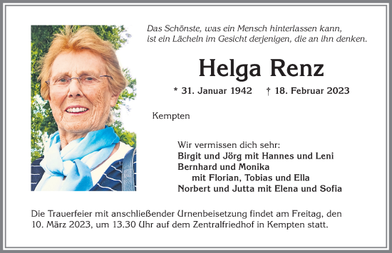 Traueranzeige von Helga Renz von Allgäuer Zeitung,Kempten
