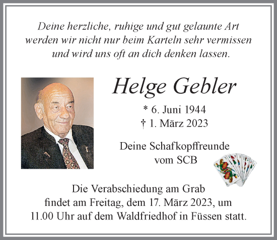 Traueranzeige von Helge Gebler von Allgäuer Zeitung, Füssen
