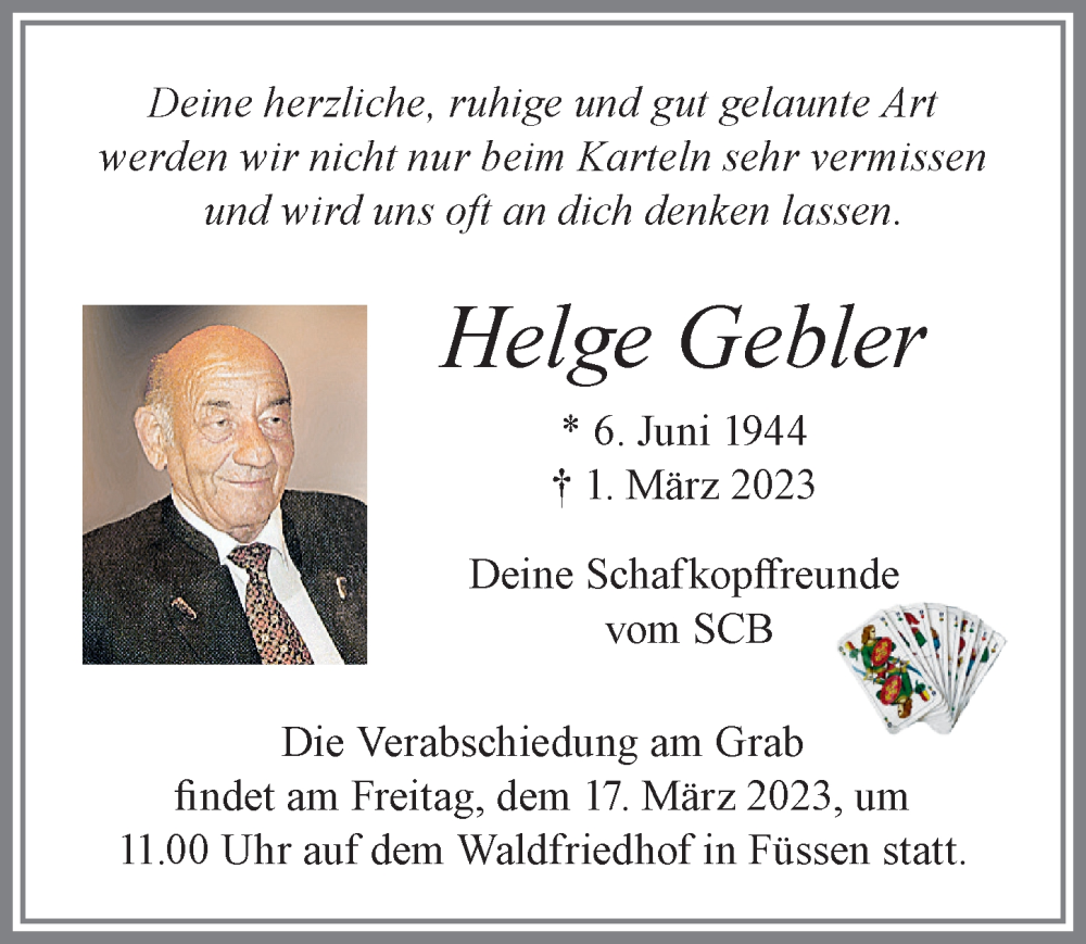  Traueranzeige für Helge Gebler vom 15.03.2023 aus Allgäuer Zeitung, Füssen