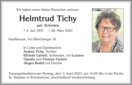 Traueranzeige von Helmtrud Tichy von Allgäuer Zeitung, Kaufbeuren/Buchloe