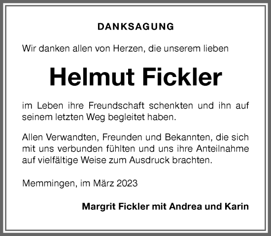 Traueranzeige von Helmut Fickler von Memminger Zeitung