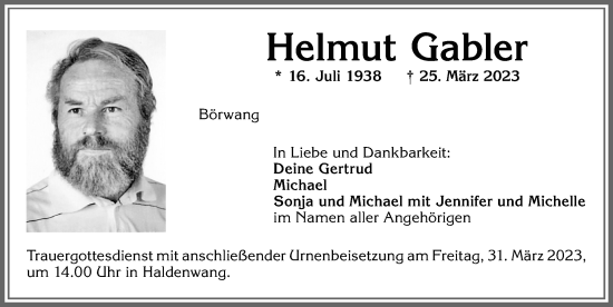 Traueranzeige von Helmut Gabler von Allgäuer Zeitung,Kempten