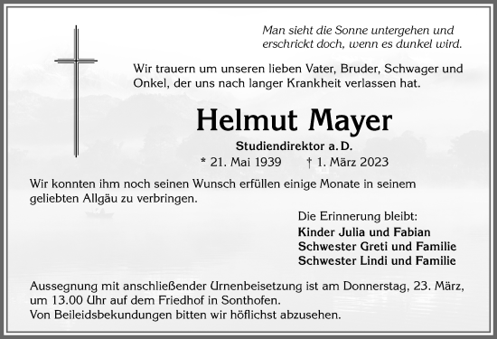 Traueranzeige von Helmut Mayer von Allgäuer Anzeigeblatt