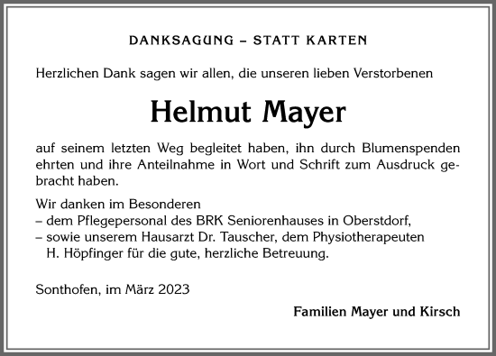 Traueranzeige von Helmut Mayer von Allgäuer Anzeigeblatt