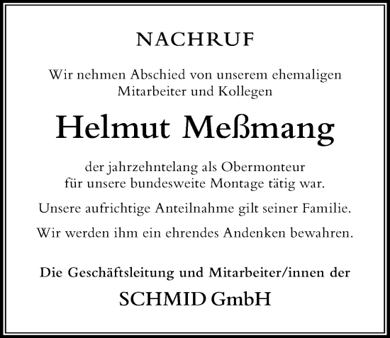 Traueranzeige von Helmut Meßmang von Der Westallgäuer