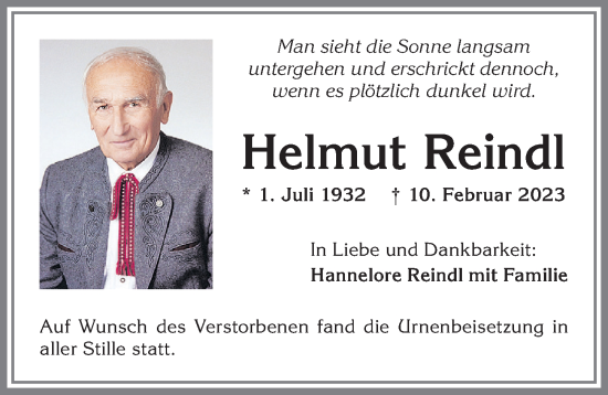 Traueranzeige von Helmut Reindl von Allgäuer Zeitung, Kaufbeuren/Buchloe