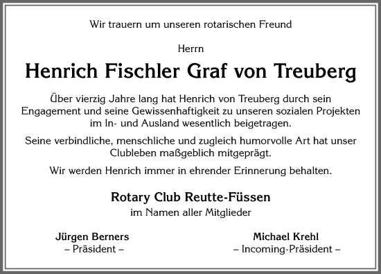 Traueranzeige von Henrich Graf von Treuberg Fischler von Allgäuer Zeitung, Füssen