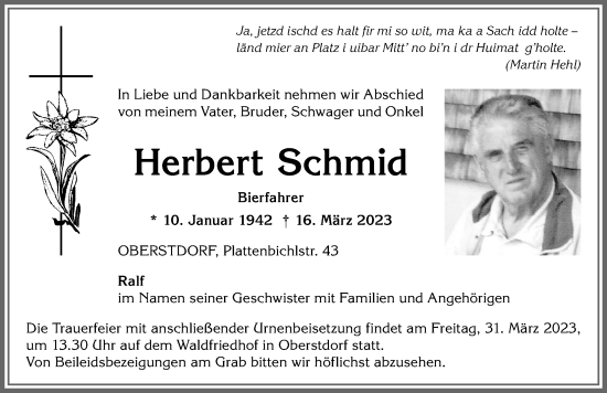 Traueranzeige von Herbert Schmid von Allgäuer Anzeigeblatt