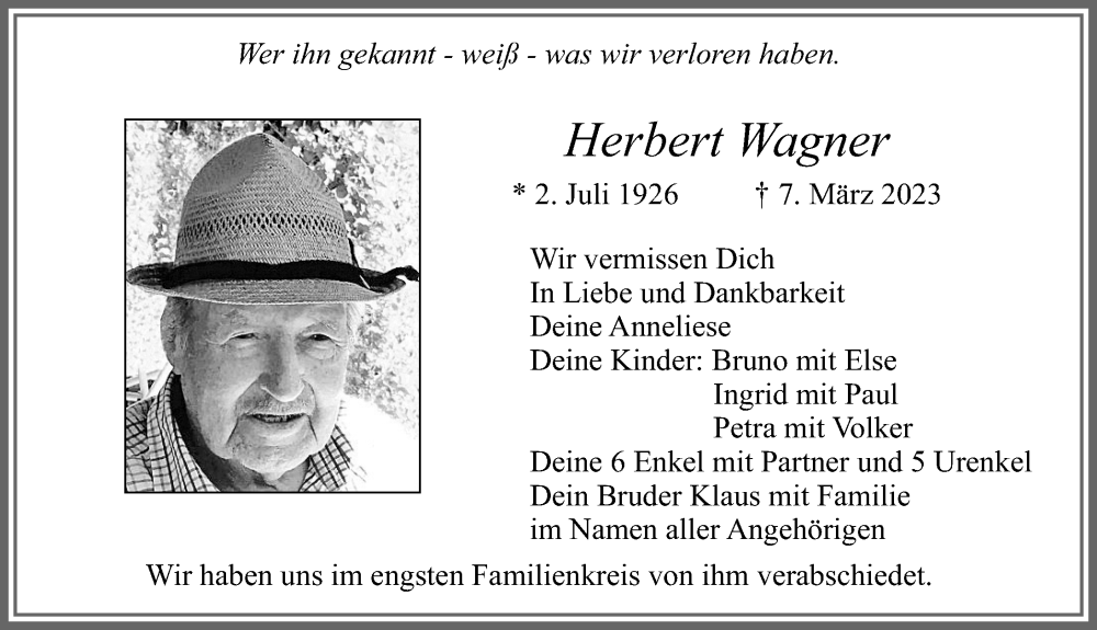  Traueranzeige für Herbert Wagner vom 18.03.2023 aus Allgäuer Zeitung, Füssen