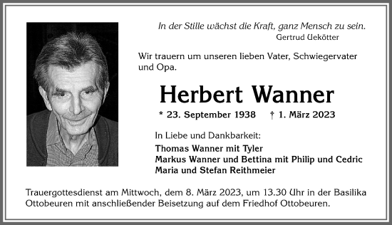 Traueranzeige von Herbert Wanner von Allgäuer Zeitung,Kempten