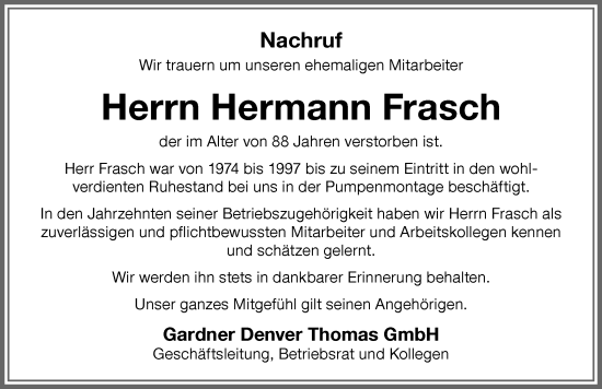 Traueranzeige von Hermann Frasch von Memminger Zeitung