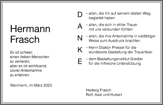 Traueranzeige von Hermann Frasch von Memminger Zeitung